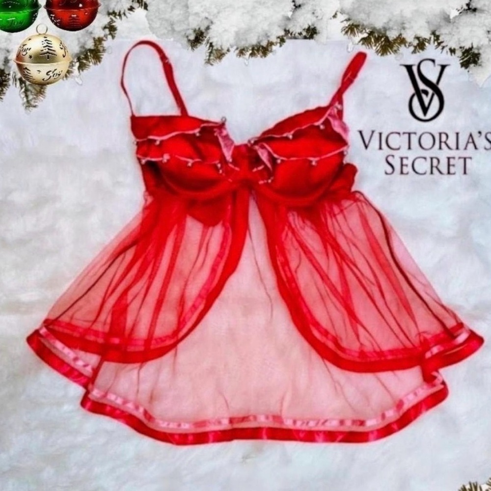 Victoria's Secret RARE Y2K Red Sheer Babydoll Lingerie with Jingle bells
